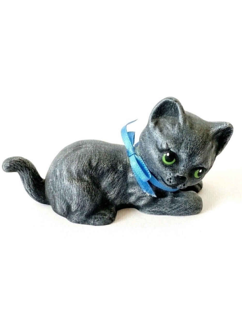 Spooky Black Kitty Cat Figurine Boy Kitten Green Eyes Blue Bow Small Halloween